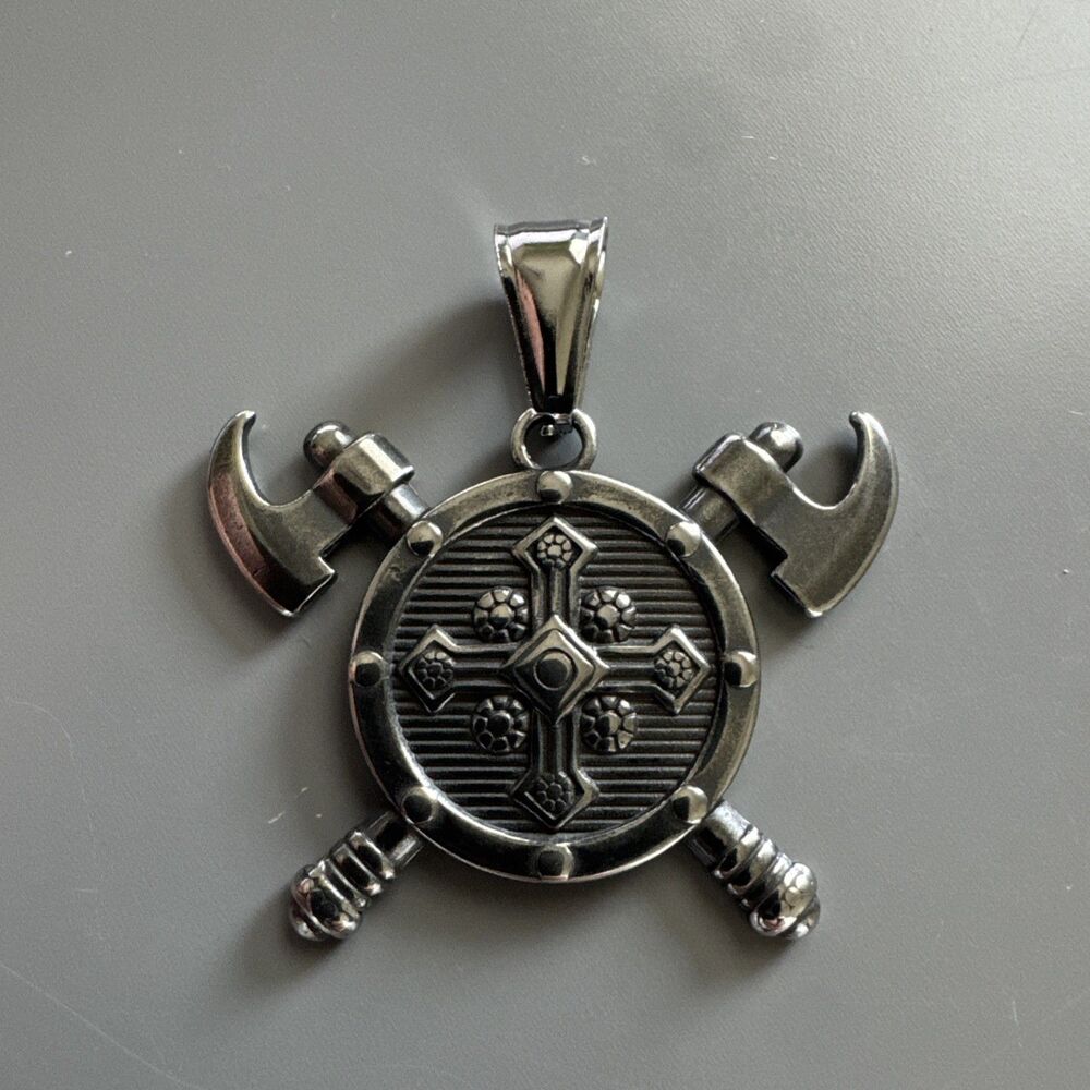 Double Axe Cross Shield Stainless Steel Pendant 24” Chain Gun Metal Viking Faith